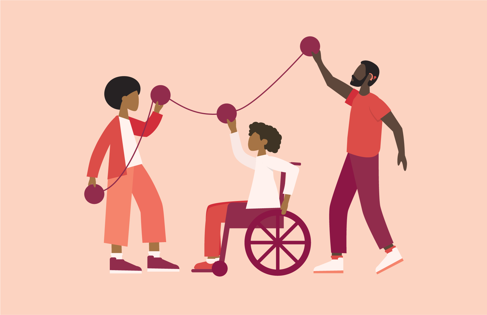 OXD illustration of a person on left holding a conceptual ball connected with string with a person in a wheelchair holding the next ball and then a person to the right holding the last ball, all in shades of red.