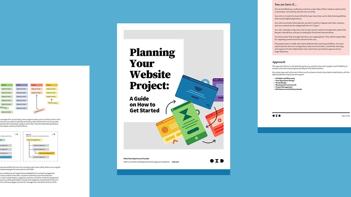 Image of the OXD Planning Your Website Project Guide Cover and two pages on a blue background